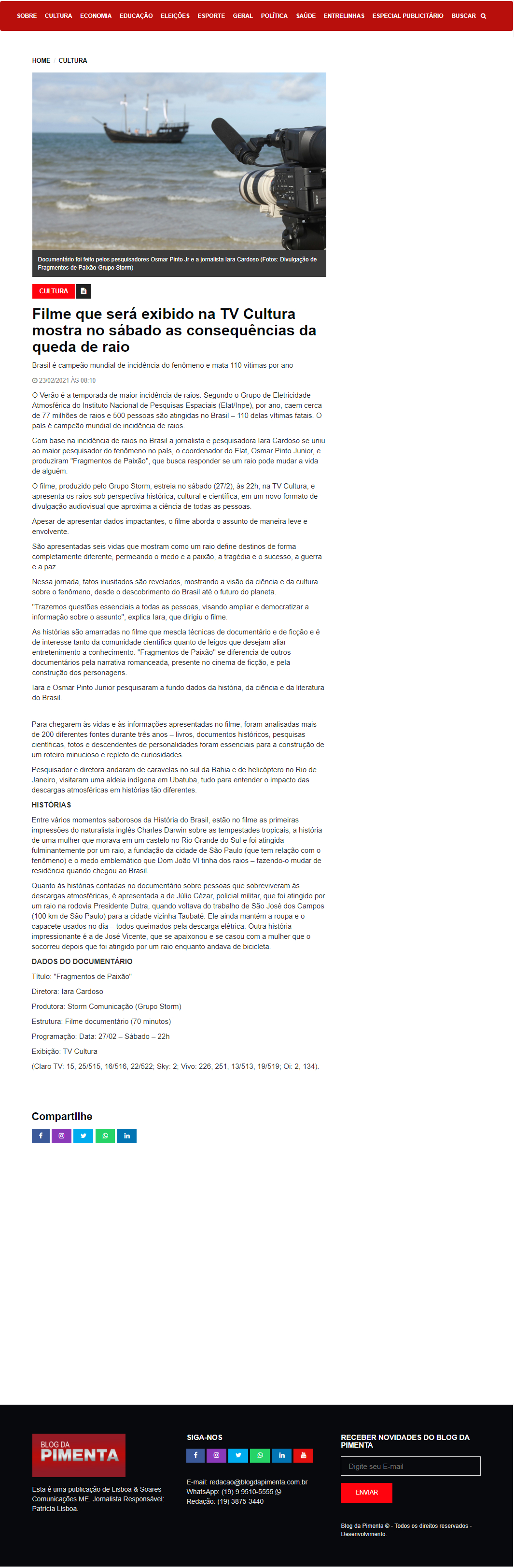 Blog do Pimenta - Filme que será exibido na TV Cultura mostra no sábado as consequências da queda de raio